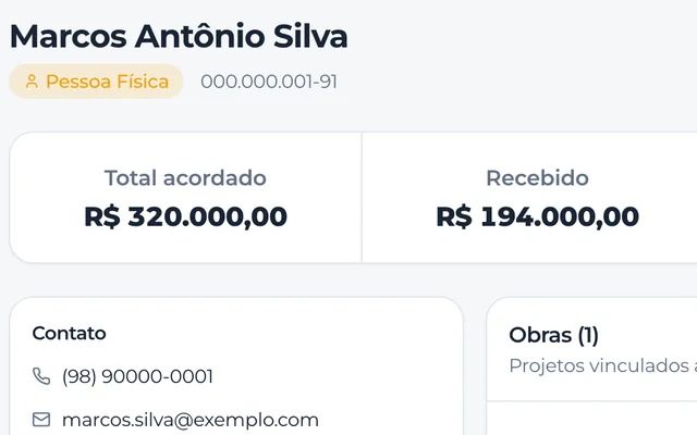 Trecho da ficha do cliente com o total acordado e o recebido