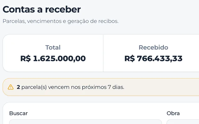 Trecho de contas a receber com o total, o recebido e o aviso de parcela que vence na semana