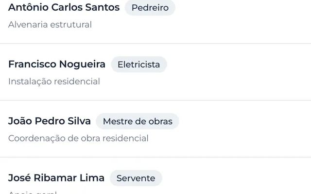 Trecho da equipe: pedreiro, eletricista, mestre de obras e servente, cada um com a função dele