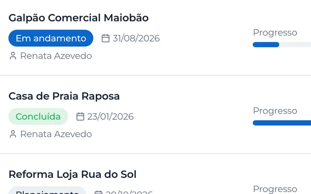 Trecho da lista de obras, cada obra com a situação dela