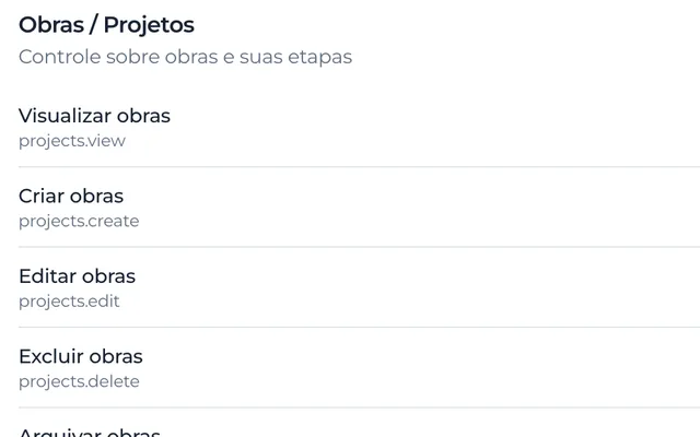 Trecho das permissões de acesso: ver, criar, editar e excluir