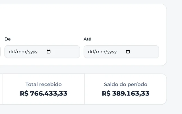 Trecho dos relatórios com o filtro de período e, embaixo, o total recebido e o saldo do período