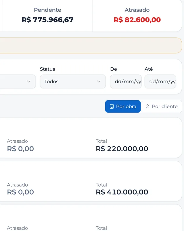 Trecho de contas a receber com o pendente, o atrasado e o recebido de cada obra