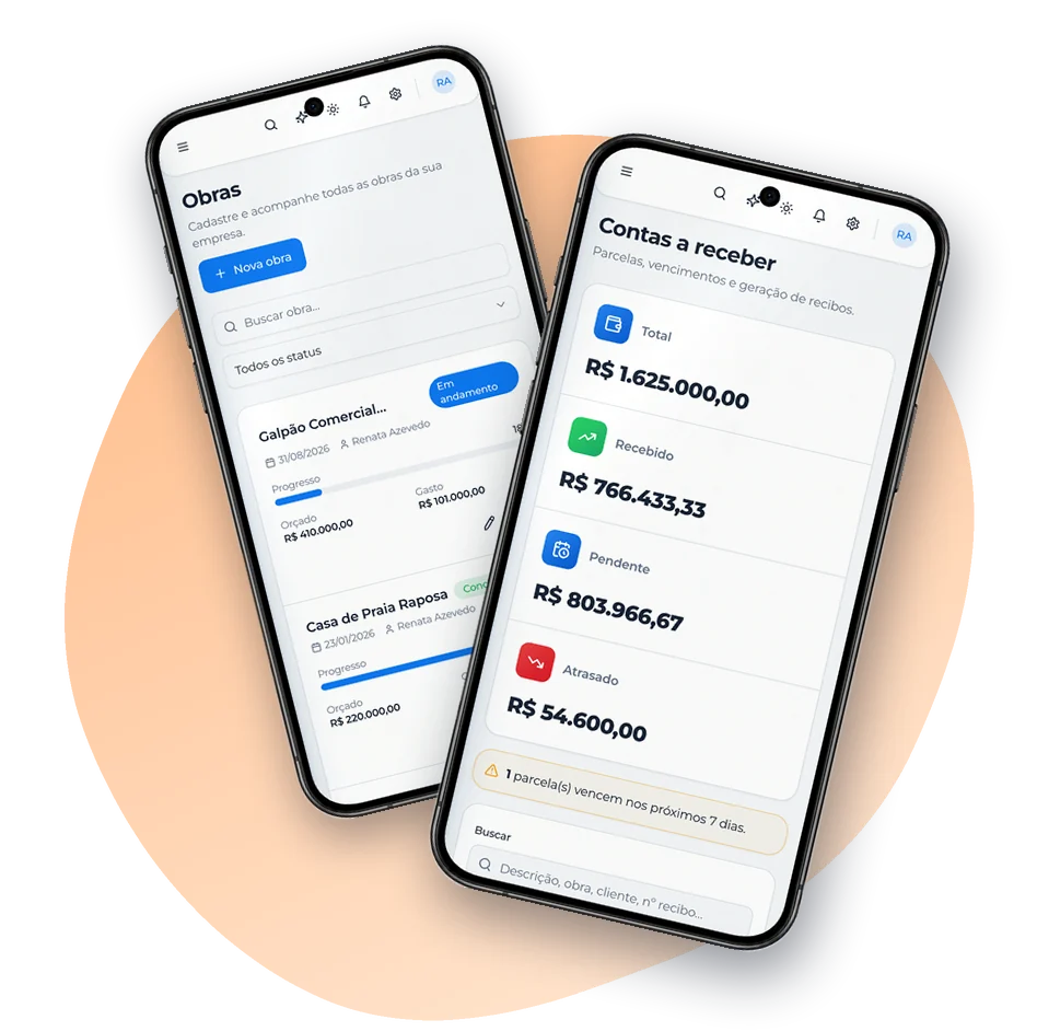 Telas reais do ConstruSoft no celular: lista de obras e contas a receber