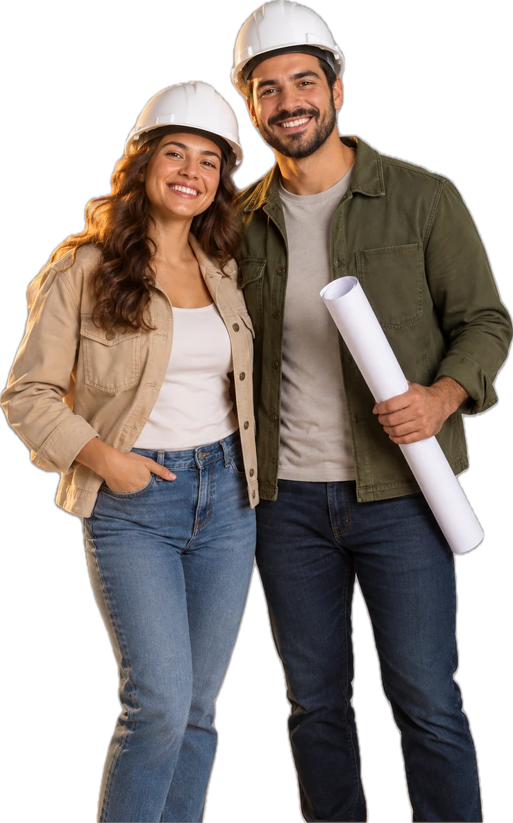 Casal de clientes de capacete branco com a planta da casa na mão