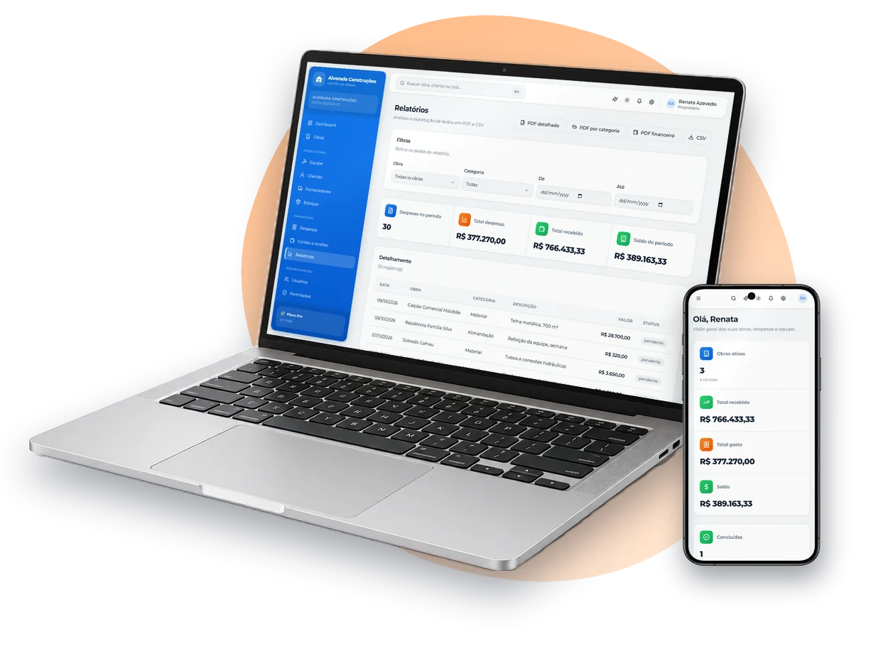 Telas reais do ConstruSoft: relatórios com exportação em PDF e CSV no notebook e o painel no celular